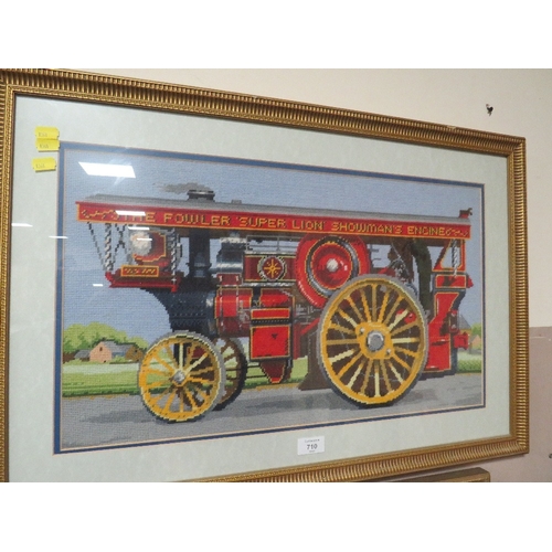 710 - TWO TAPESTRY PICTURE DEPICTING A TRAM AND STEAM ENGINE