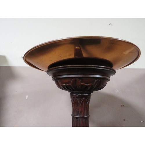 733 - A FLUTED MAHOGANY TORCHERE WITH CARVED DETAIL AND COPPER TOP H 187 CM