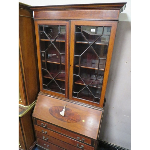 734 - AN EDWARDIAN MAHOGANY AND INLAID BUREAU BOOKCASE