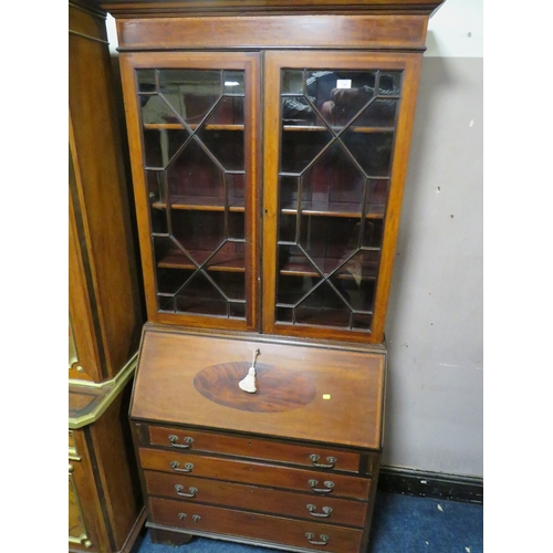 734 - AN EDWARDIAN MAHOGANY AND INLAID BUREAU BOOKCASE