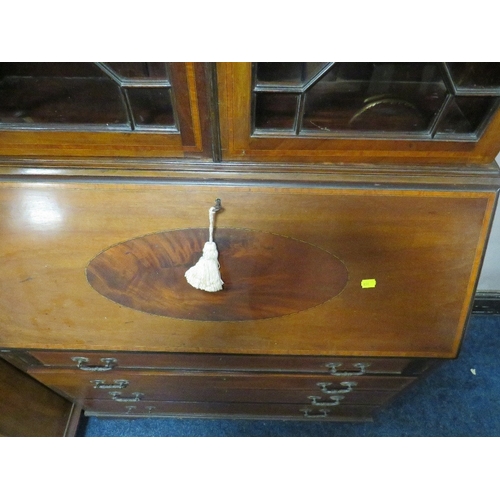 734 - AN EDWARDIAN MAHOGANY AND INLAID BUREAU BOOKCASE