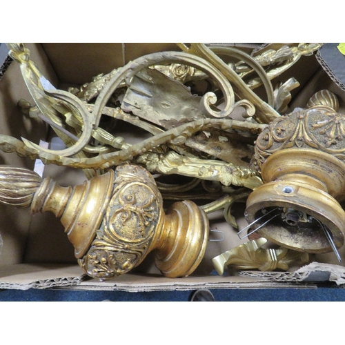 854 - THREE BOXES OF ASSORTED CURTAIN GILT FITTINGS AND A BRASS FENDER