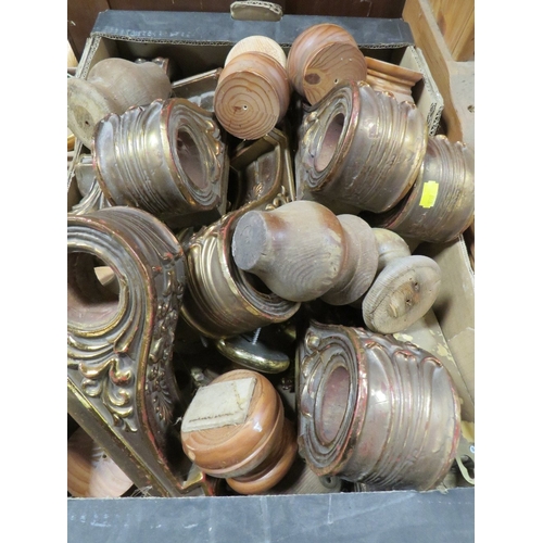 854 - THREE BOXES OF ASSORTED CURTAIN GILT FITTINGS AND A BRASS FENDER