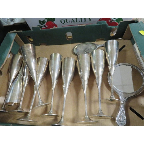 102 - TWO TRAY OF GLASS AND METALWARE TO INCLUDE CHAMPAGNE FLUTES, PUNCH BOWLS ETC