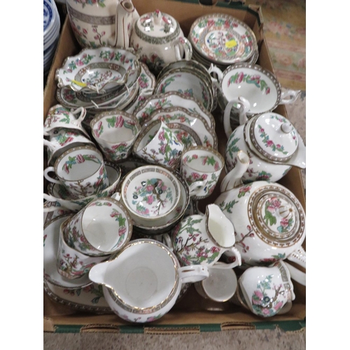 104 - A TRAY OF INDIAN TREE PATTERN ITEMS BY ASSORTED MAKERS TO INCLUDE COALPORT