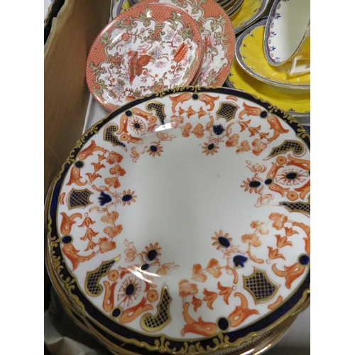 111 - TWO TRAYS OF ASSORTED TEA WARE TO INCLUDE A ROYAL CROWN DERBY PLATE