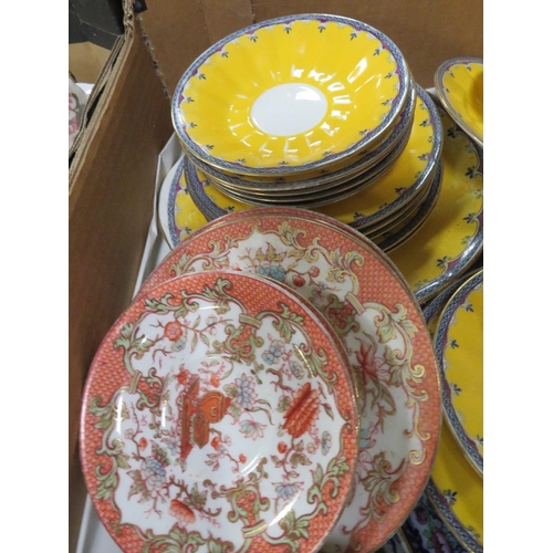 111 - TWO TRAYS OF ASSORTED TEA WARE TO INCLUDE A ROYAL CROWN DERBY PLATE