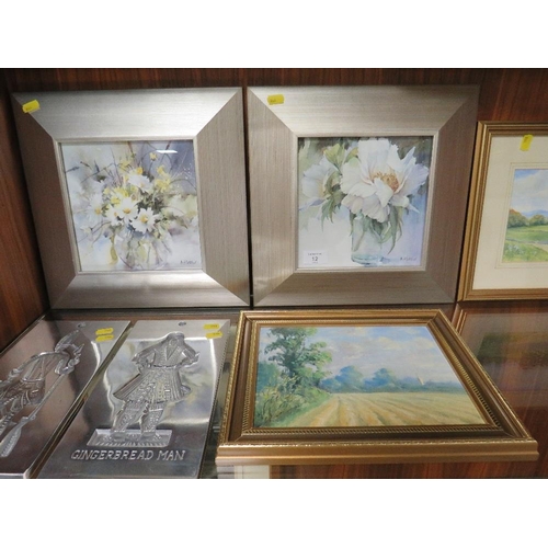 12 - A COLLECTION OF PICTURES TO INCLUDE  A PAIR OF METAL PLAQUES, A PAIR OF FLORAL PRINTS, SMALL OIL ON ... 