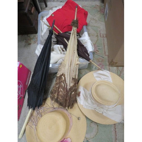 129 - A TRAY OF VINTAGE CLOTHING AND ACCESSORIES TO INCLUDE A PARASOL