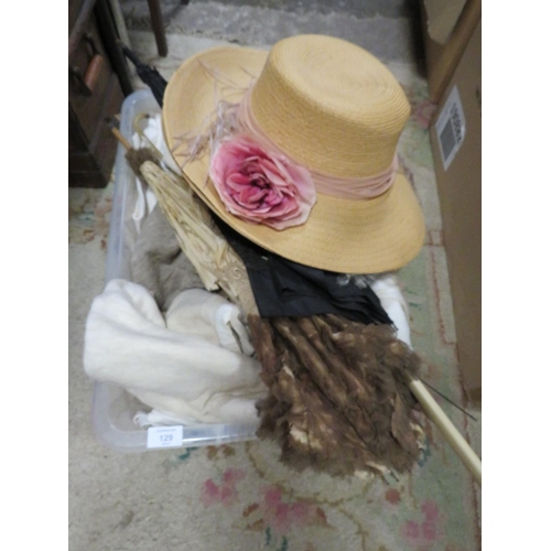 129 - A TRAY OF VINTAGE CLOTHING AND ACCESSORIES TO INCLUDE A PARASOL