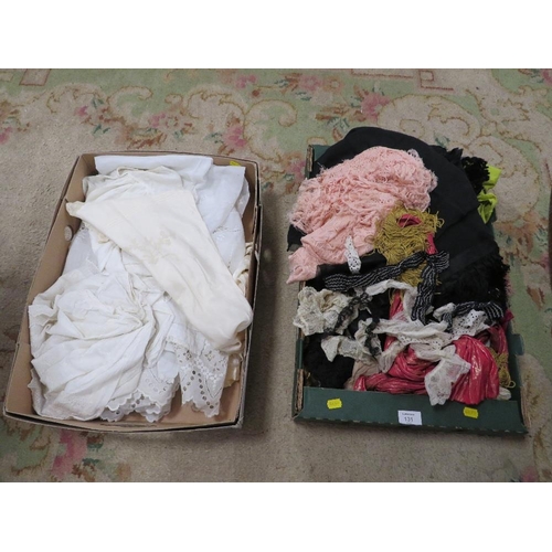 131 - TWO TRAYS OF EARLY 20TH CENTURY CLOTHING AND ACCESSORIES TO INCLUDE VICTORIAN DAY DRESSES ETC AND A ... 