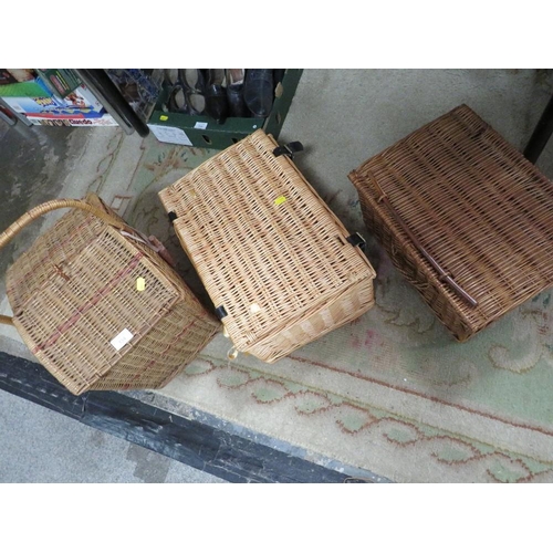 134 - THREE ASSORTED WICKER BASKETS, TWO FLASKS INCLUDED ETC