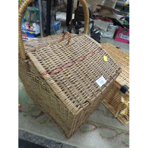 134 - THREE ASSORTED WICKER BASKETS, TWO FLASKS INCLUDED ETC