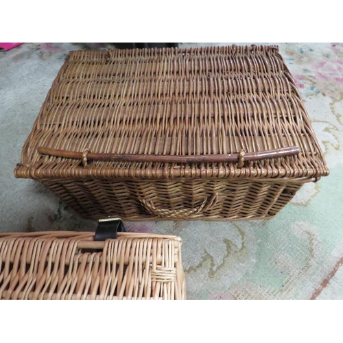 134 - THREE ASSORTED WICKER BASKETS, TWO FLASKS INCLUDED ETC