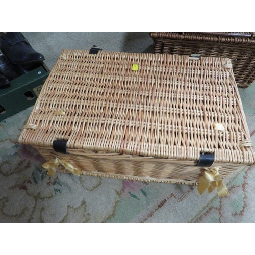 134 - THREE ASSORTED WICKER BASKETS, TWO FLASKS INCLUDED ETC