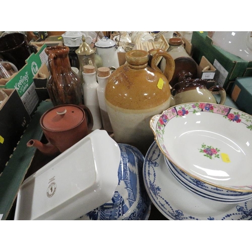 145 - THREE TRAYS OF CERAMICS AND SUNDRIES TO INCLUDE A STONEWARE FLAGON FOR JOSPHIE SHARDLOW WINE AND SPI... 