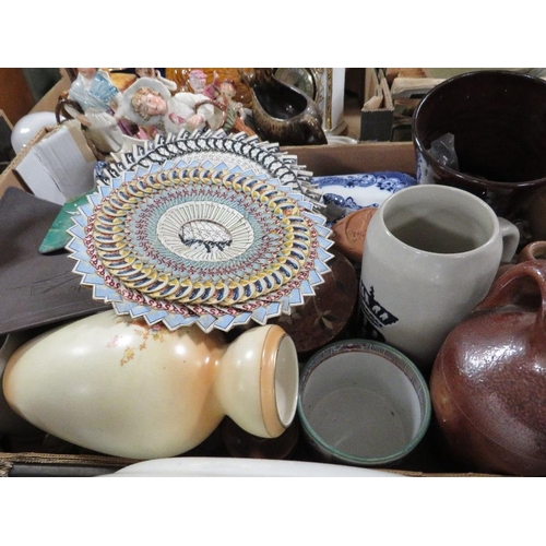 145 - THREE TRAYS OF CERAMICS AND SUNDRIES TO INCLUDE A STONEWARE FLAGON FOR JOSPHIE SHARDLOW WINE AND SPI... 