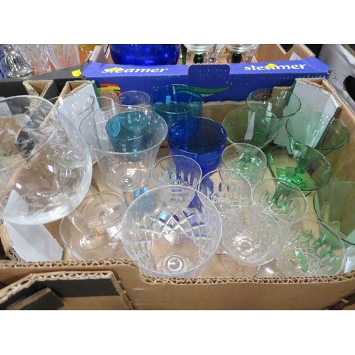 149 - FOUR TRAYS OF ASSORTED GLASSWARE TO INCLUDE COLLECTABLE BOTTLES