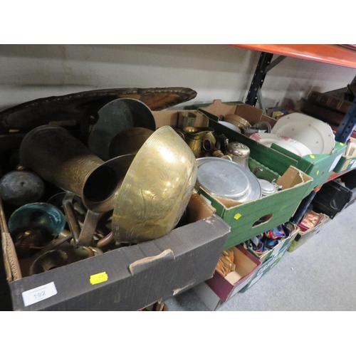 192 - TWO TRAYS OF ASSORTED METAL WARE TO INCLUDE CANDLESTICKS TOGETHER WITH  A TRAY OF CERAMICS (3)