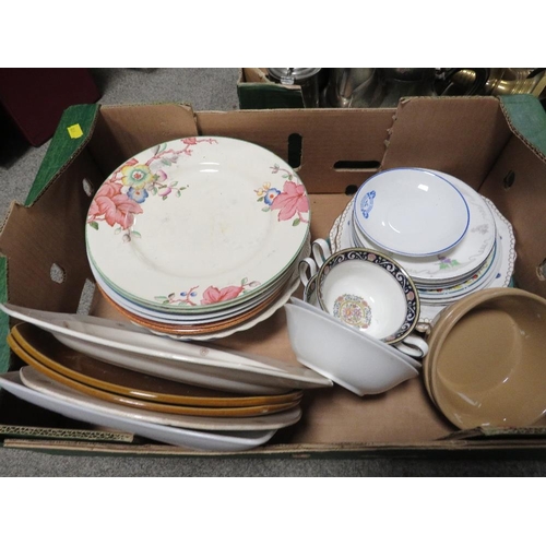 192 - TWO TRAYS OF ASSORTED METAL WARE TO INCLUDE CANDLESTICKS TOGETHER WITH  A TRAY OF CERAMICS (3)