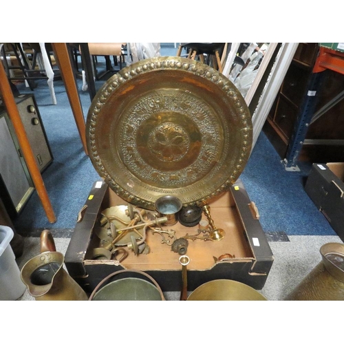 192 - TWO TRAYS OF ASSORTED METAL WARE TO INCLUDE CANDLESTICKS TOGETHER WITH  A TRAY OF CERAMICS (3)