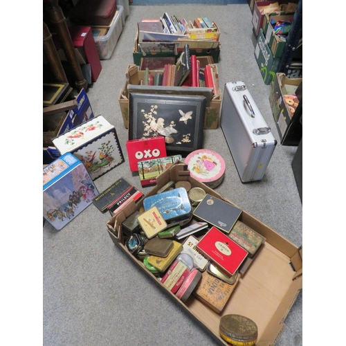 193 - THREE TRAYS OF SUNDRIES TO INCLUDE VINTAGE PHOTO ALBUMS (EMPTY) COLLECTABLE TINS, MAPS ETC