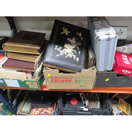 193 - THREE TRAYS OF SUNDRIES TO INCLUDE VINTAGE PHOTO ALBUMS (EMPTY) COLLECTABLE TINS, MAPS ETC