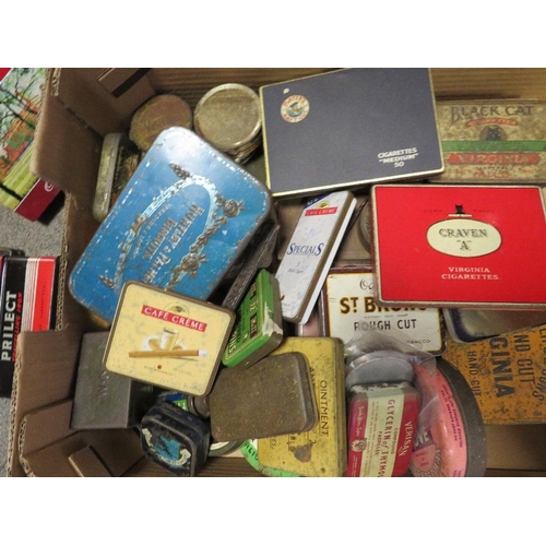 193 - THREE TRAYS OF SUNDRIES TO INCLUDE VINTAGE PHOTO ALBUMS (EMPTY) COLLECTABLE TINS, MAPS ETC