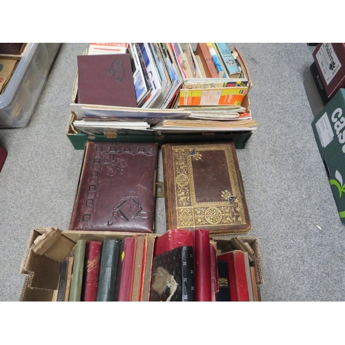 193 - THREE TRAYS OF SUNDRIES TO INCLUDE VINTAGE PHOTO ALBUMS (EMPTY) COLLECTABLE TINS, MAPS ETC