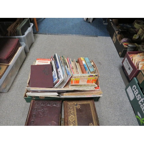 193 - THREE TRAYS OF SUNDRIES TO INCLUDE VINTAGE PHOTO ALBUMS (EMPTY) COLLECTABLE TINS, MAPS ETC