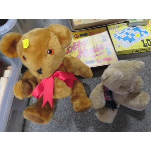 201 - A TRAY OF VINTAGE GAMES TOGETHER WITH A TRAY OF TEDDY BEARS