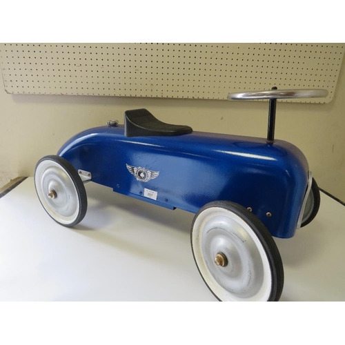 207 - A CHILDRENS VINTAGE STYLE RIDE ON BLUE RACING CAR