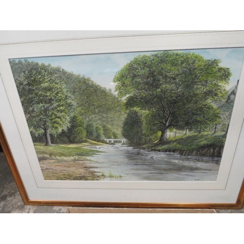 24 - A COLLECTION OF FIVE ASSORTED PICTURES TO INCLUDE E. SALE (XX). Welsh wooded river landscape, signed... 