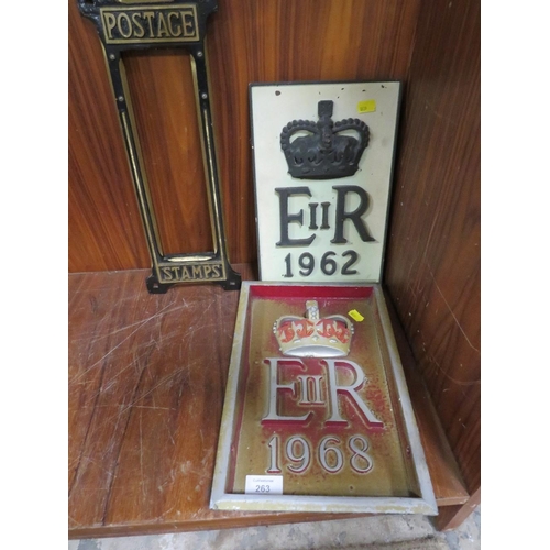 263 - TWO 1960'S POST OFFICE PLAQUES TOGETHER WITH A POST BOX COVER