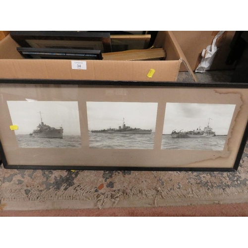 34 - A BOX OF ASSORTED PICTURES AND PRINTS TO INCLUDE  MARITIME AND SHIPPING EXAMPLES