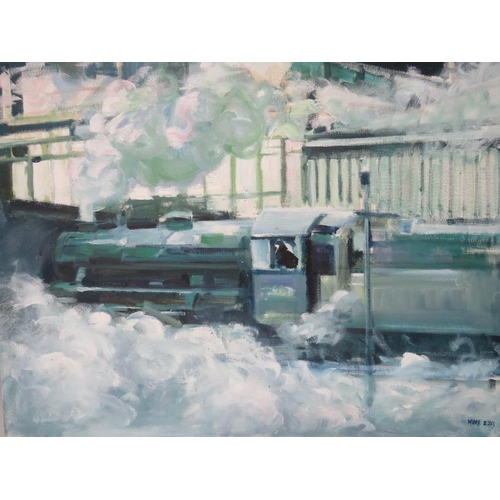 4 - MOORE (XX). British school, study of a steam engine passing through a station, signed and dated 2013... 