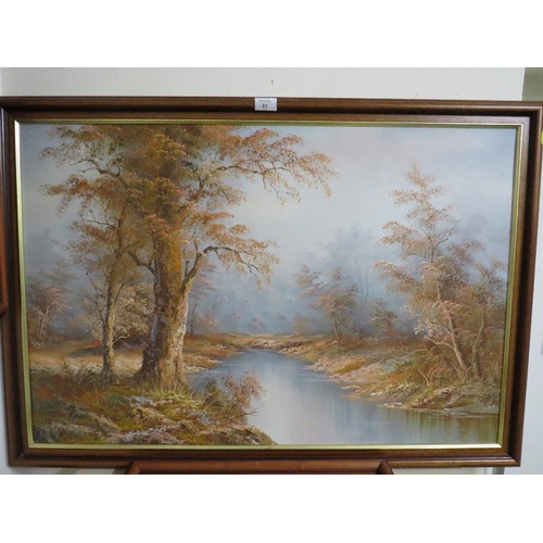 41 - THREE LARGE OILS ON CANVAS DEPICTING WOODED RIVER / LAKE LANDSCAPES