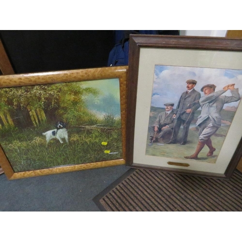 42 - A LARGE MODERN PIG PRINT WITH A GOLFING PRINT AND OIL OF A SPANIEL (3)