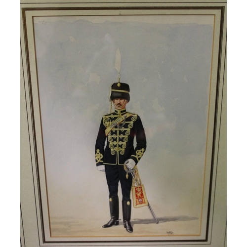 7 - A FRAMED AND GLAZED WATERCOLOUR OF A SOLDIER IN REGIMENTAL UNIFORM, INITIALS WRJ LOWER RIGHT TOGETHE... 