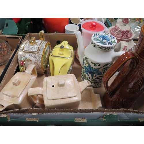 76 - FOUR TRAYS OF CERAMICS AND SUNDRIES TO INCLUDE A SADLER STYLE RACING CAR TEA-POT