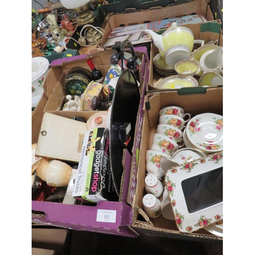 85 - THREE BOXES CONTAINING POTTERY, ROYAL ALBERT, VINTAGE LOCKS ETC