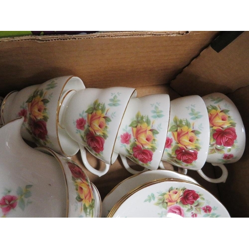 85 - THREE BOXES CONTAINING POTTERY, ROYAL ALBERT, VINTAGE LOCKS ETC