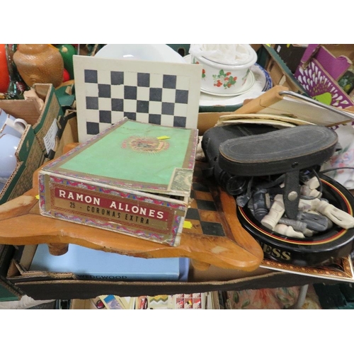 86 - FOUR TRAYS OF CERAMICS ETC TO INCLUDE CHESS BOARDS AND PIECES