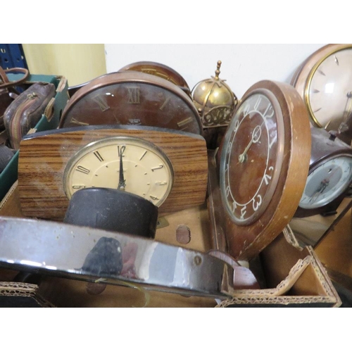 98 - THREE TRAYS OF ASSORTED VINTAGE CLOCKS TO INCLUDE SMITH'S EXAMPLES A/F