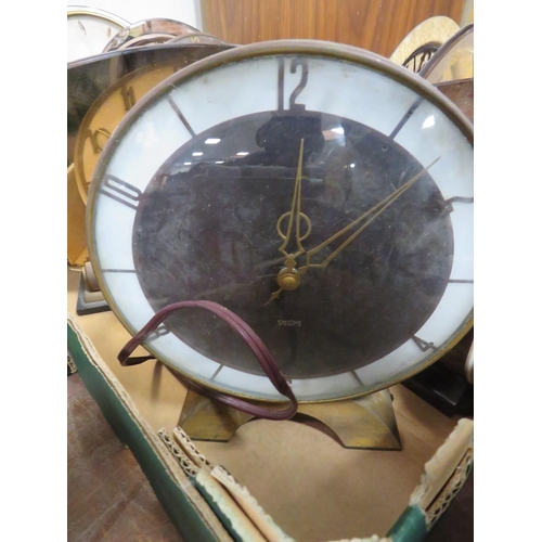 98 - THREE TRAYS OF ASSORTED VINTAGE CLOCKS TO INCLUDE SMITH'S EXAMPLES A/F