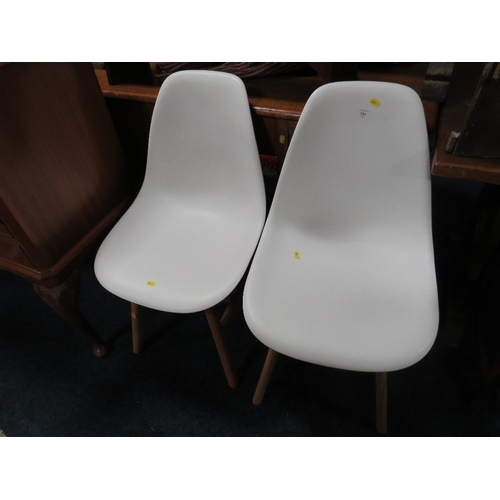 791 - A PAIR OF MODERN WHITE 'EAMES' STYLE CHAIRS PLUS A WICKER SEAT BAR STOOL & A LOW STOOL (4)