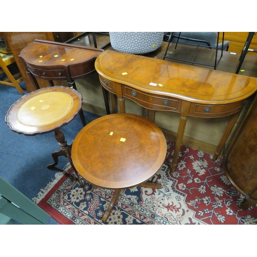 795 - TWO REPRODUCTION HALF MOON CONSOLE TABLES AND TWO CIRCULAR PEDESTAL TABLES (4)