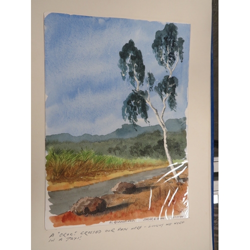 1 - AUSTRALIA INTEREST, TWO ALBUMS OF 29 SIGNED WATER COLOUR PAINTINGS, MOSTLY OF LANDSCAPES AND LOCAL W... 