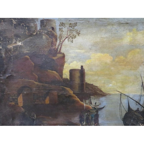 10 - AN 18TH/19TH CENTURY OIL ON CANVAS CONTINENTAL SCHOOL COASTAL SCENE WITH BUILDINGS, BOATS AND FIGURE... 