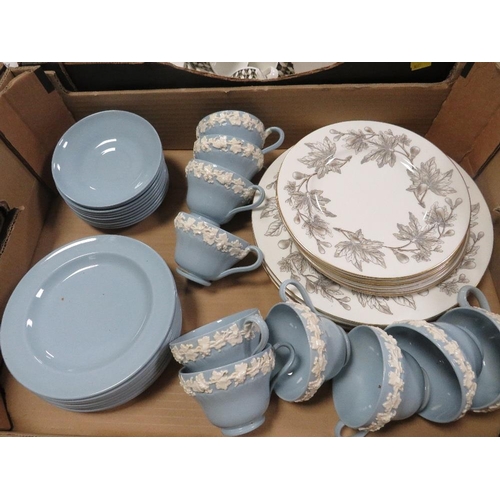 103 - TWO TRAYS OF CERAMICS TO INCLUDE WEDGWOOD QUEENS WARE , WEDGWOOD SUSIE COOPER DESIGN ETC